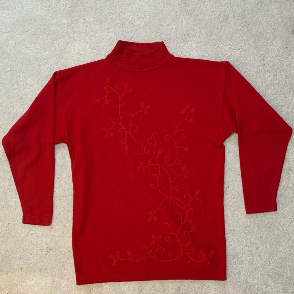 Vintage Red Turtleneck Sweater with Red Floral Embroidery